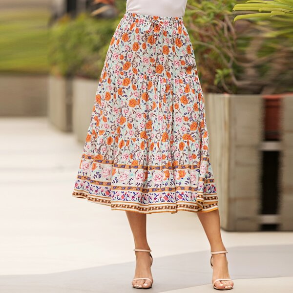 

Tie Waist Layered Floral Print Skirt, Multicolor