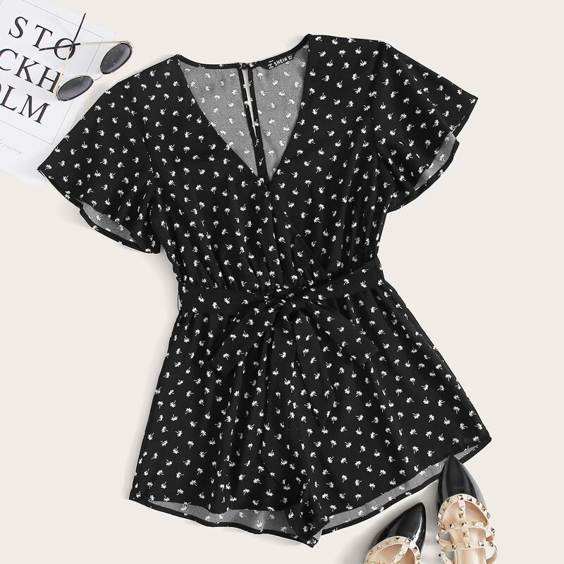 

Surplice Wrap Allover Plants Print Belted Romper, Black and white