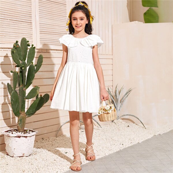 

Girls Ruffle Trim Schiffy Bodice Dress, White