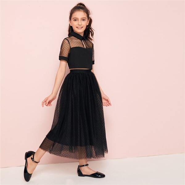 

Girls Dot Flocked Mesh Blouse & Skirt Set, Black
