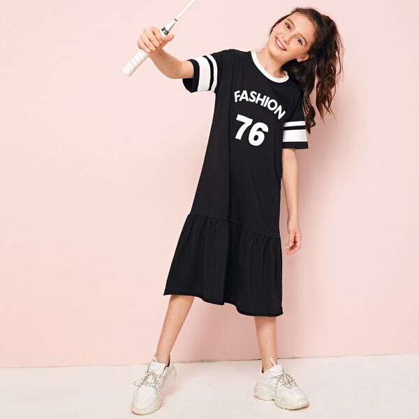 

Girls Letter and Striped Print Flounce Dress, Black