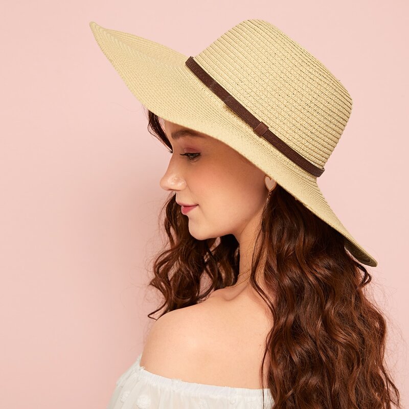 

PU Belt Decor Straw Hat, Beige