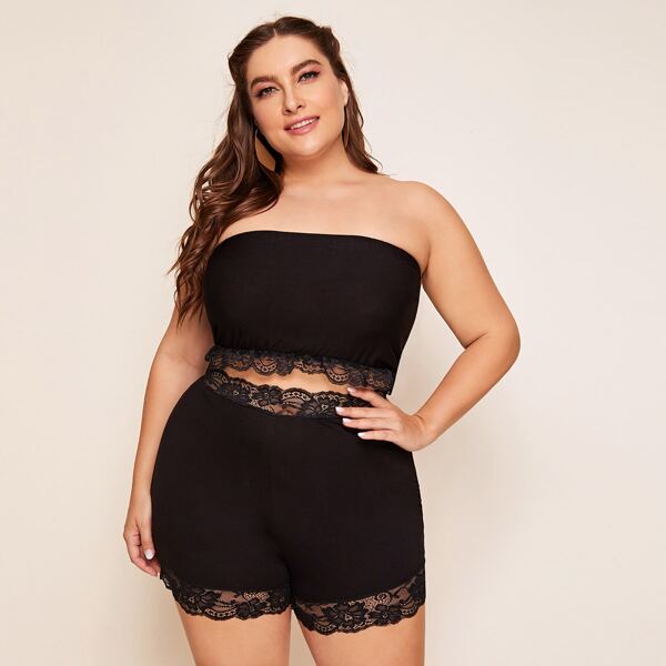 

Plus Lace Panel Tube Top & Biker Shorts, Black
