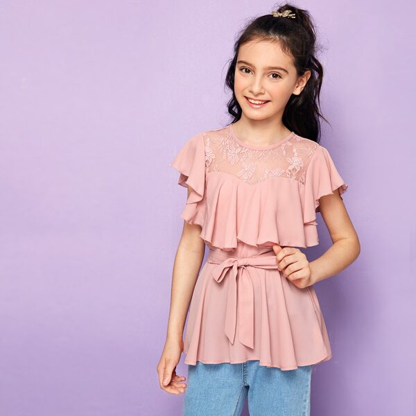 

Girls Lace Yoke Ruffle Trim Self Belted Top, Pink pastel