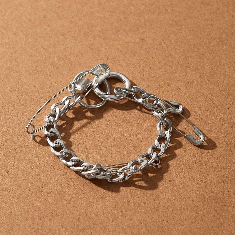 

1pc Safety Pin Decor Chain Bracelet, Silver