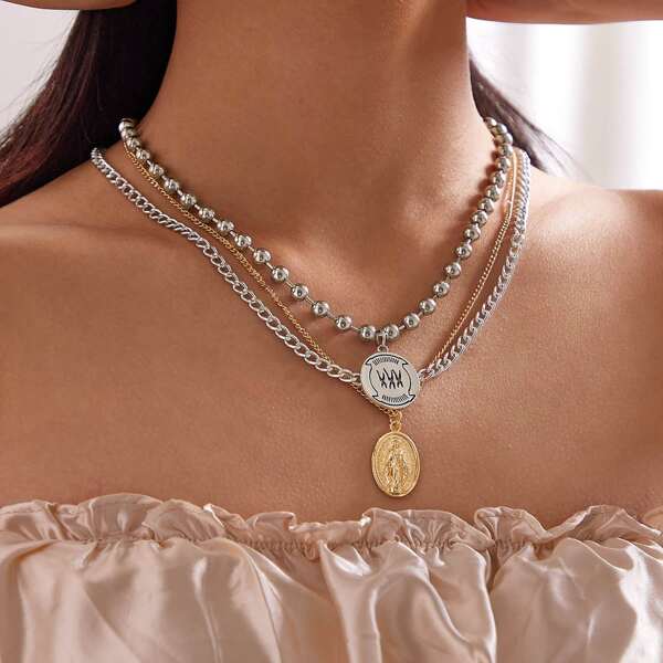 

3pcs Coin Charm Necklace, Multicolor
