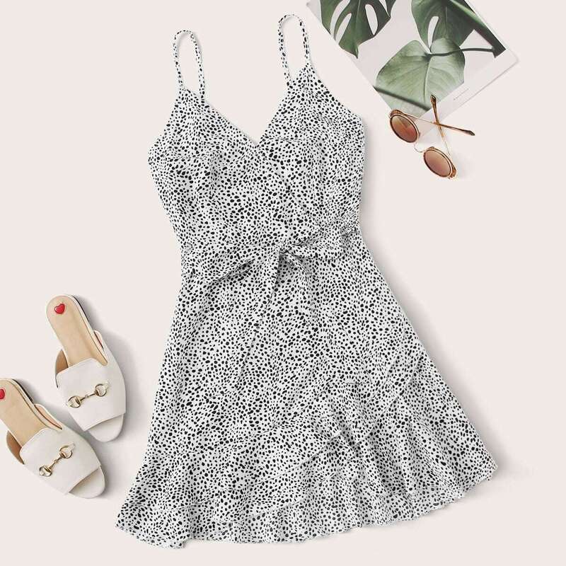 

Dalmatian Ruffle Wrap Cami Dress, Black and white