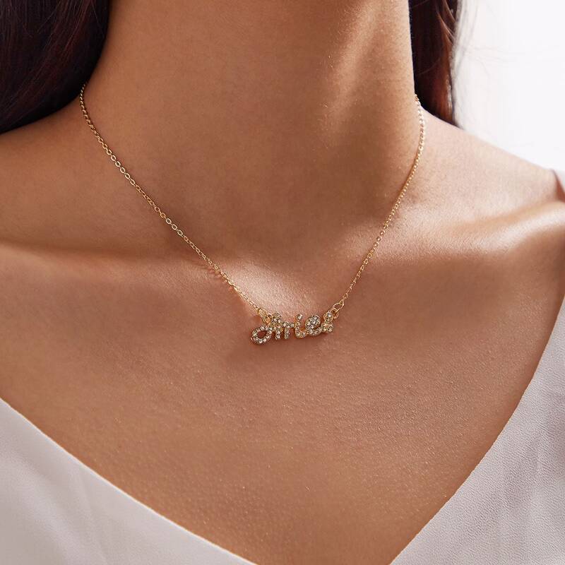 

1pc Rhinestone Engraved Letter Charm Necklace, Gold