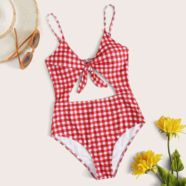 

Gingham Cut-out Tie Front One Piece Swimsuit, Red