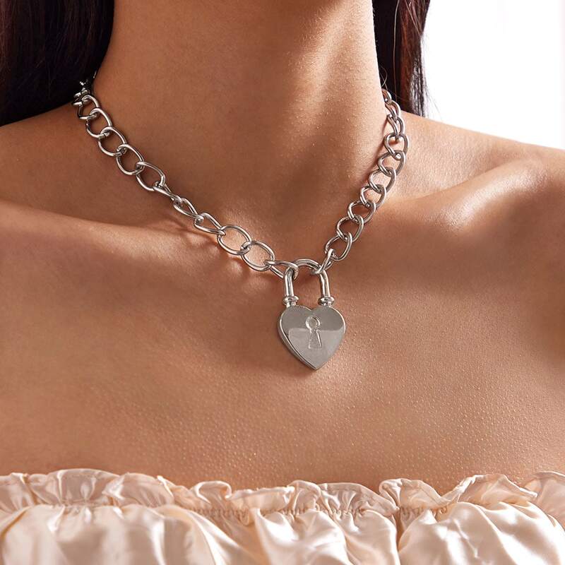 

1pc Heart Charm Choker, Silver