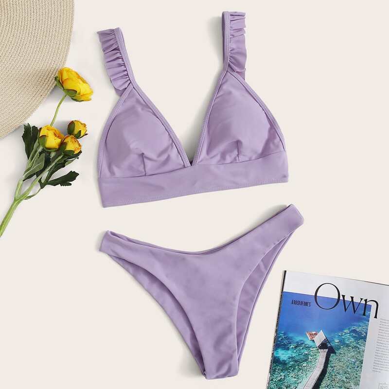 

Ruffle Strap High Leg Bikini Swimsuit, Purple