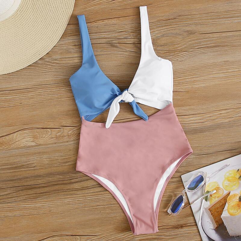 

Color Block Cut-out One Piece Swimsuit, Multicolor