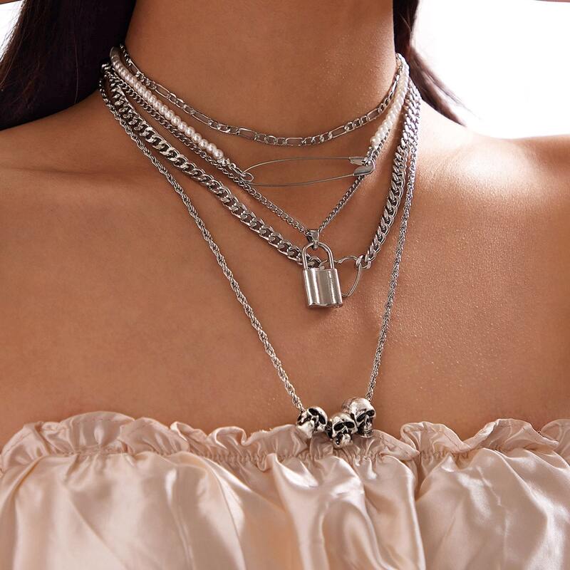 

3pcs Heart & Lock Charm Necklace, Silver
