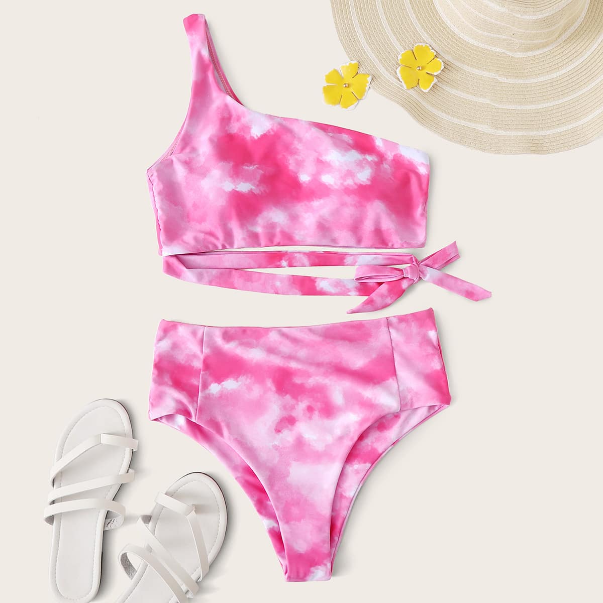

Tie Dye Tie Side One Shoulder Bikini Swimsuit, Pink
