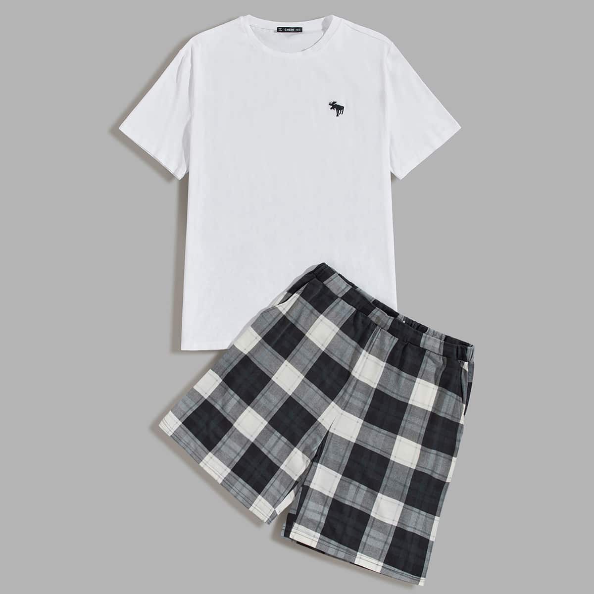 

Guys Embroidered Detail Top & Plaid Shorts PJ Set, Black and white