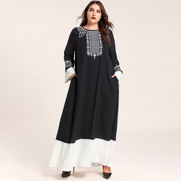 

Plus Floral Embroidery Slant Pocket Smock Dress, Black