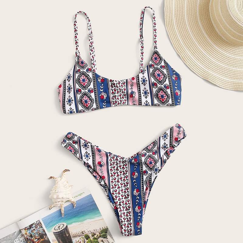 

Floral & Tribal High Cut Bikini Swimsuit, Multicolor