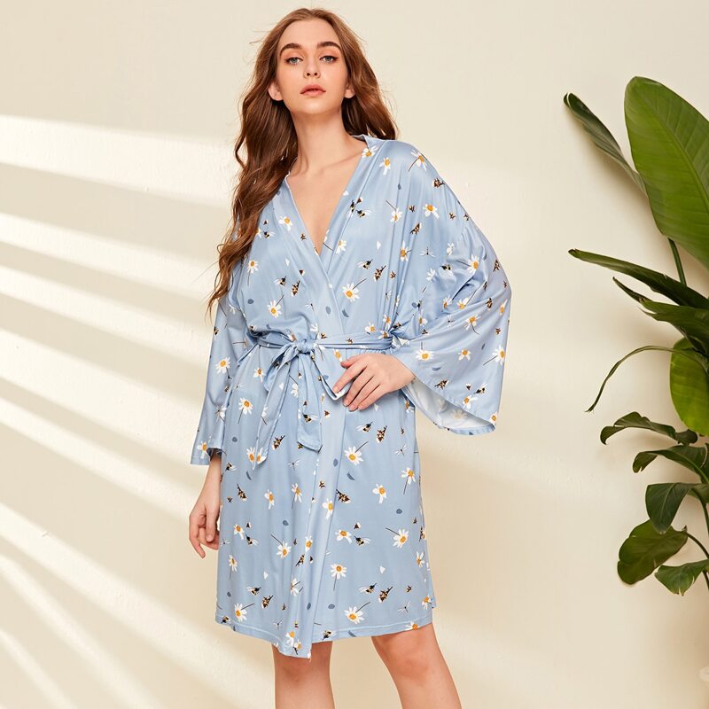 

Bee & Floral Print Self Tie Wrap Robe, Blue