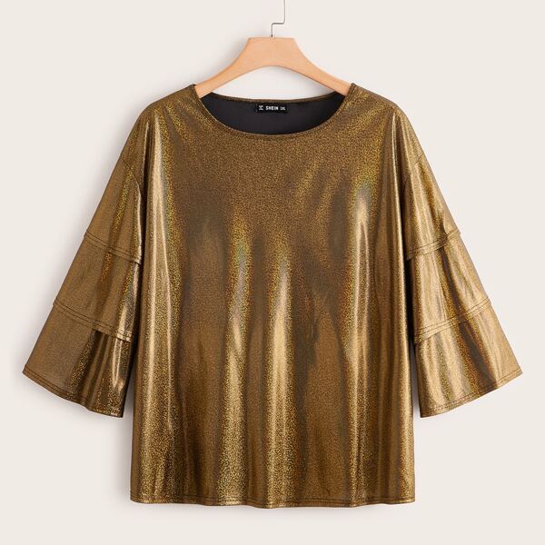 

Plus Drop Shoulder Layered Sleeve Metallic Top, Gold