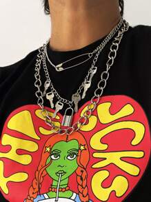 3pcs Lock & Key Charm Chain Necklace - Silver - View 3