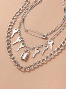 3pcs Lock & Key Charm Chain Necklace - Silver - View 4