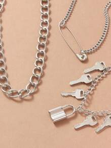 3pcs Lock & Key Charm Chain Necklace - Silver - View 5