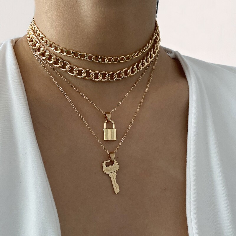

4pcs Lock & Key Charm Necklace, Gold