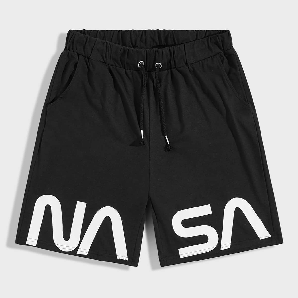 

Guys Letter Graphic Drawstring Waist Athletic Shorts, Black