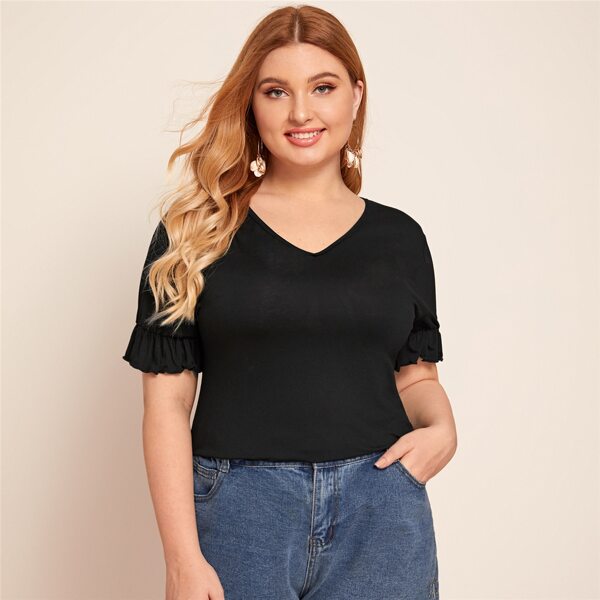 

Plus Ruffle Cuff V-neck Tee, Black