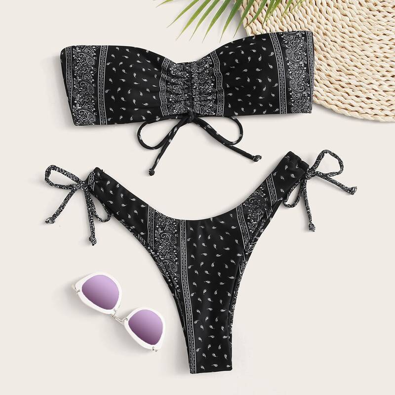 Tribal Drawstring Bandeau High Cut Bikini Swimsuit, Black