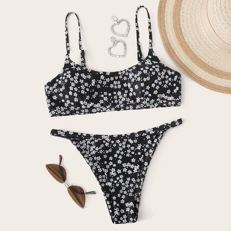 

Ditsy Floral Tanga Bikini Swimsuit, Black and white