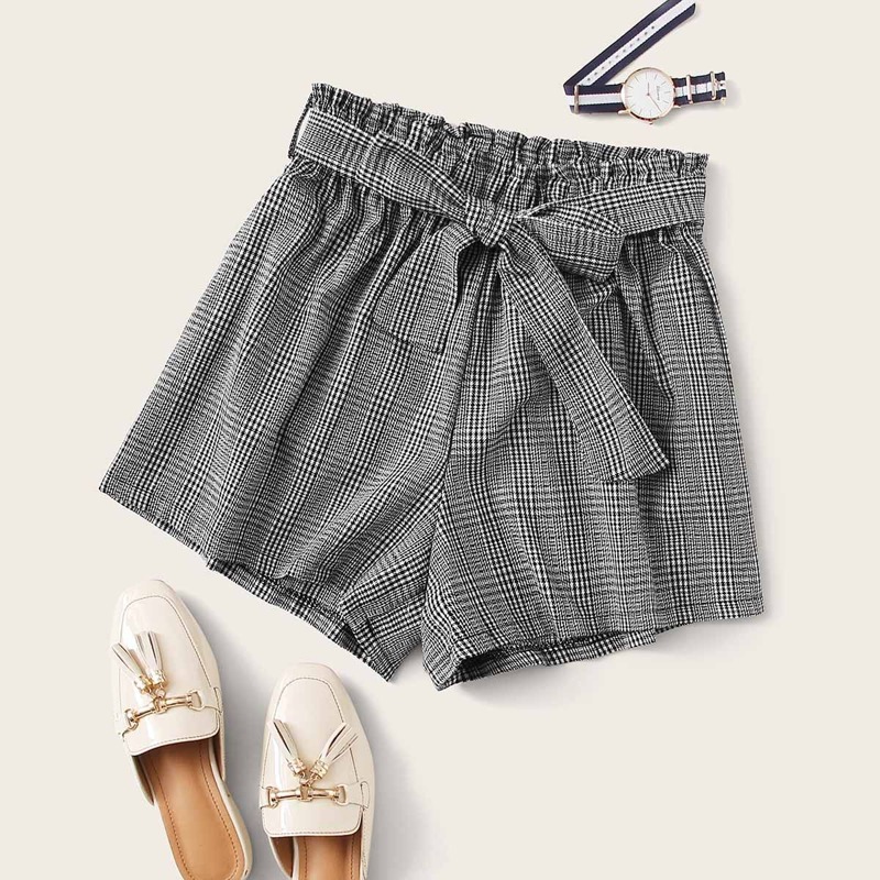 

Paper Bag Waist Belted Plaid Shorts, Black and white