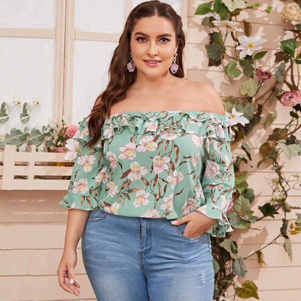 

Plus Ruffle Off Shoulder Flounce Sleeve Floral Top, Green