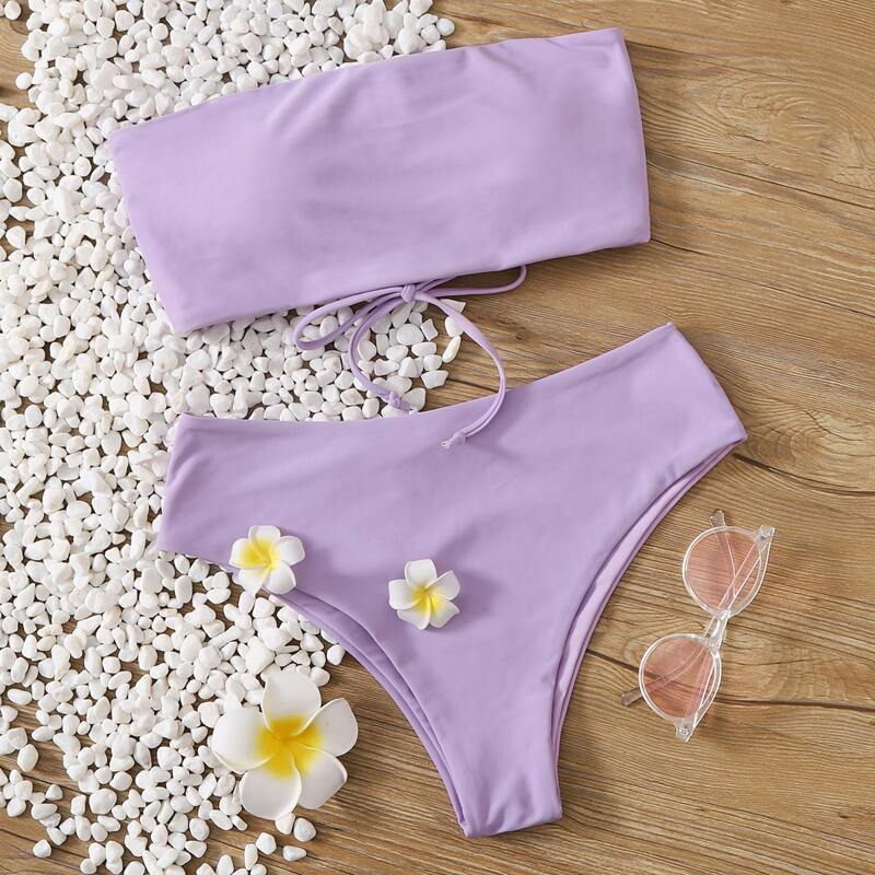 

Lace Up Back Bandeau High Waisted Bikini Swimsuit, Purple