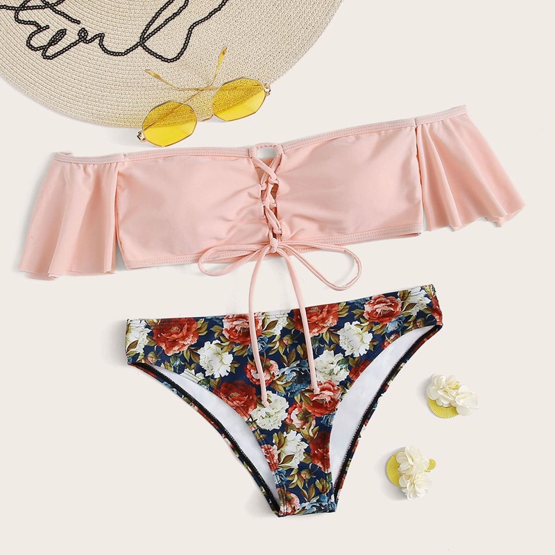 

Floral Lace Up Front Bardot Bikini Swimsuit, Pink