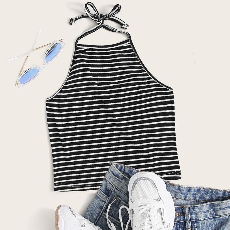 

Striped Halter Top, Black and white