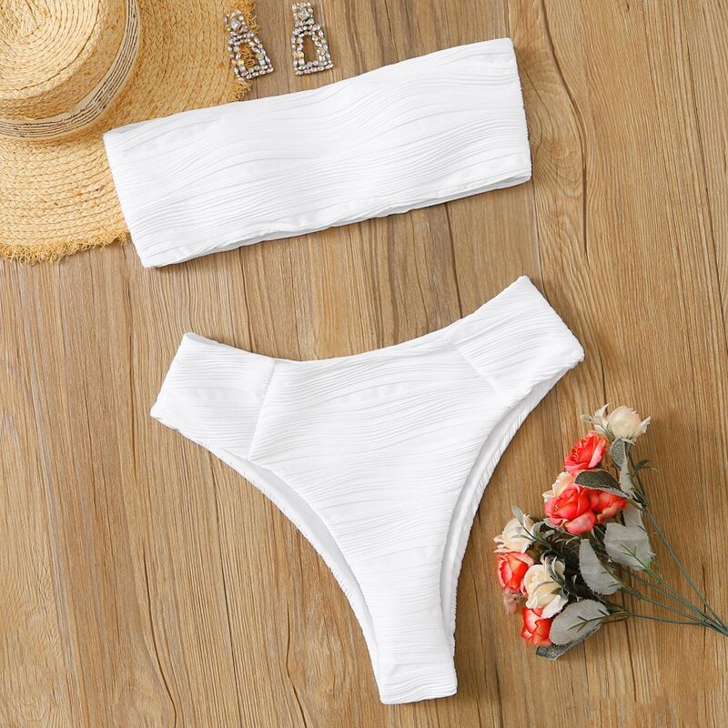 

Plisse Bandeau High Waisted Bikini Swimsuit, White