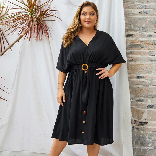 

Plus V-neck Button Front Belted A-line Dress, Black