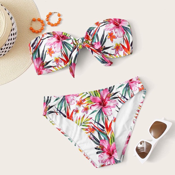 

Floral Knot Front Bandeau Bikini Swimsuit, Multicolor