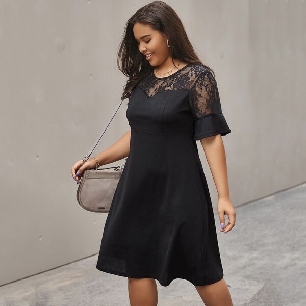 

Plus Contrast Lace Flounce Sleeve A-line Dress, Black