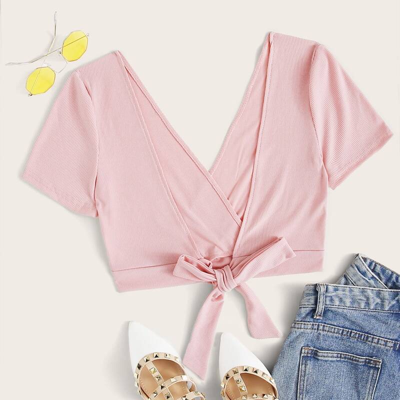 

Tie Back Wrap Crop Pink Top