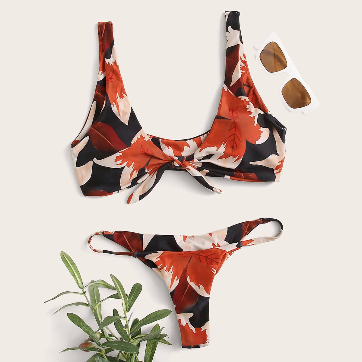 

Leaf Print Knot Front Tanga Bikini Swimsuit, Multicolor