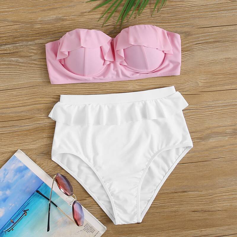 

Ruffle Push Up Bandeau High Waisted Bikini Swimsuit, Multicolor