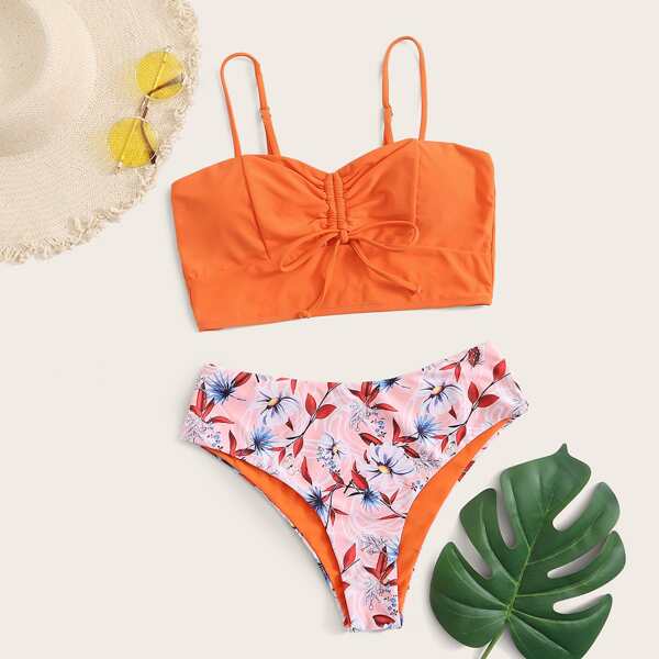 

Floral Drawstring Front Bikini Swimsuit, Orange