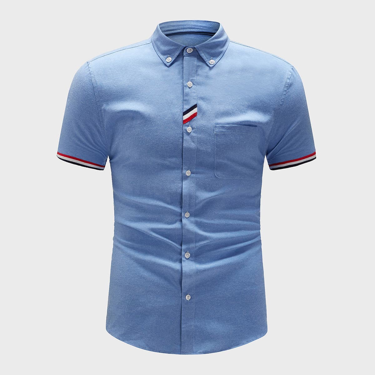

Guys Button Down Collar Pocket Front Striped Trim Shirt, Blue