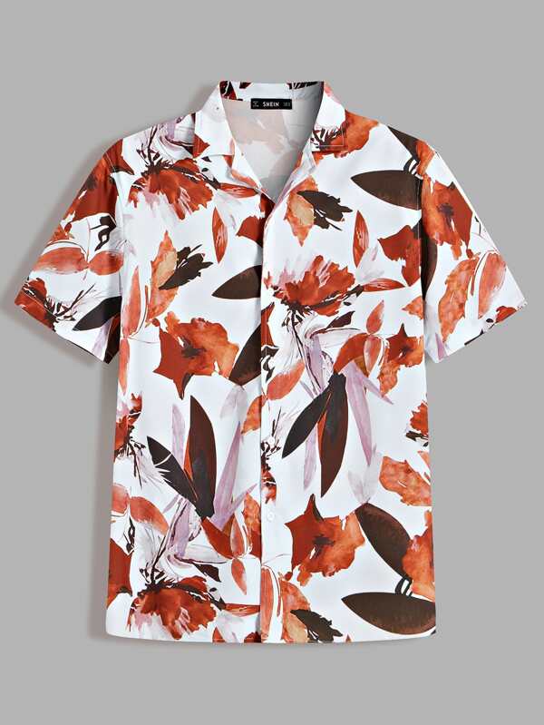Camisa de hombres con estampado floral de cuello V | ROMWE Camisa de hombres con estampado floral de cuello notch | ROMWE