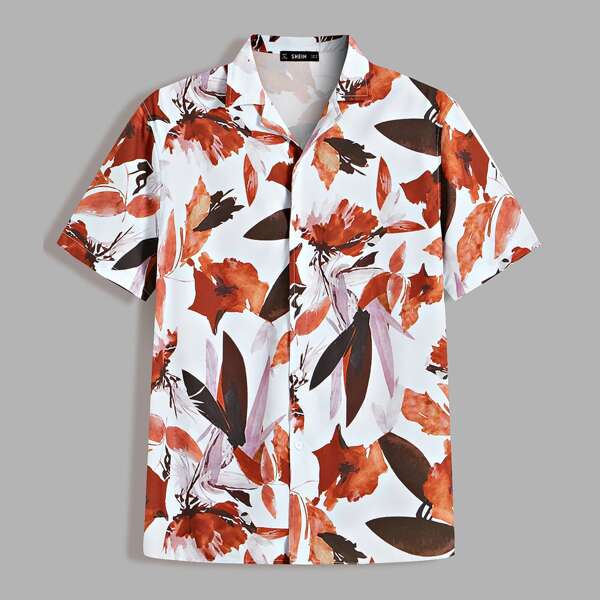 

Men Notched Collar Floral Print Shirt, Multicolor