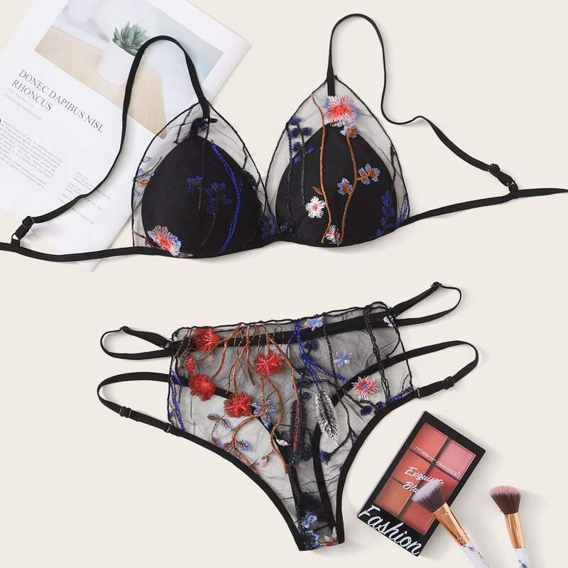 

Floral Embroidery Mesh Lingerie Set, Black