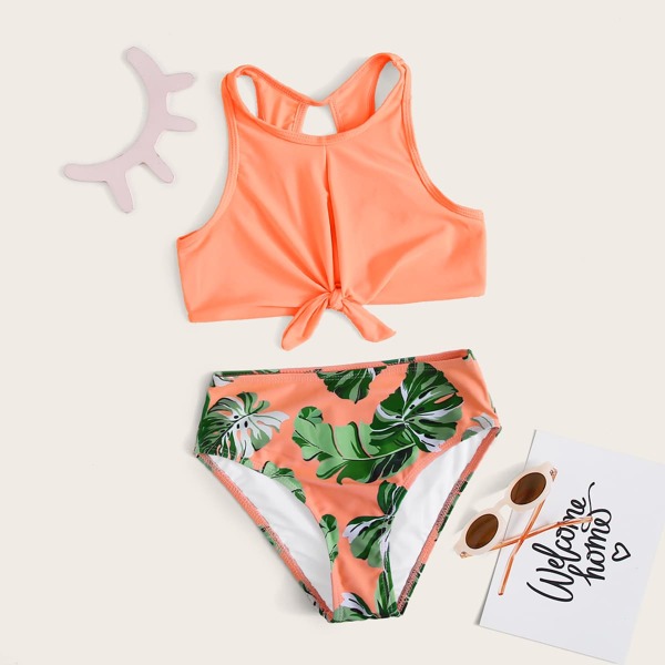 

Girls Tropical Knot Front Bikini Swimsuit, Multicolor