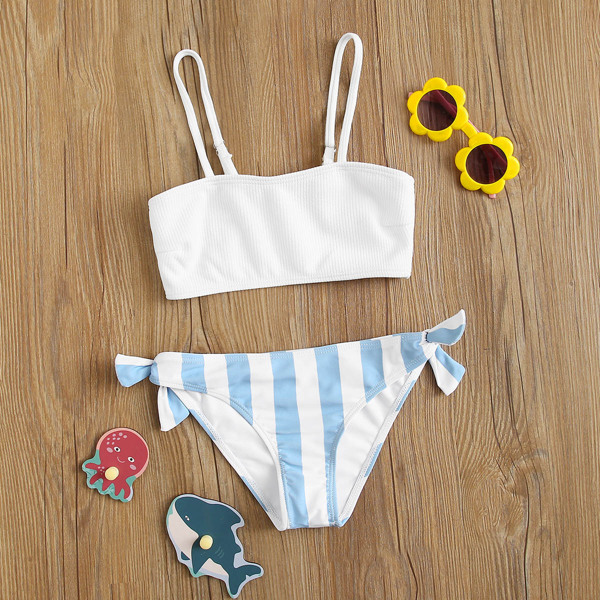 

Girls Striped Rib Tie Side Bikini Swimsuit, Multicolor